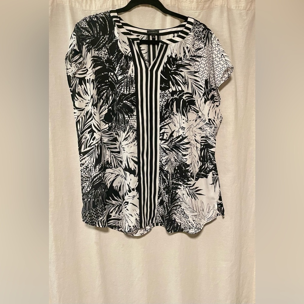 Talbots Black White Floral Palm V-Neck Sleeveless Shirt Blouse Size XL- NWOT - Picture 7 of 9